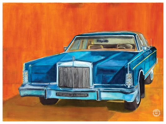 Wheelgirlart 1978 Ford Lincoln Continental MarkV Bill Blass Designer Edition Blue and Tan HD ChromaLuxe® ALUMINUM PHYSICAL PRINT