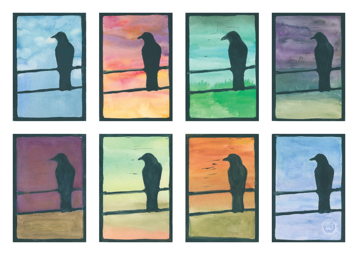 Wheelgirlart Crows on Wire 8 Lino HD ChromaLuxe® ALUMINUM PHYSICAL PRINT