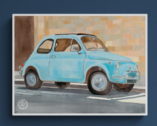 Wheelgirlart 1970 Fiat 500 Blue HD ChromaLuxe® ALUMINUM PHYSICAL PRINT