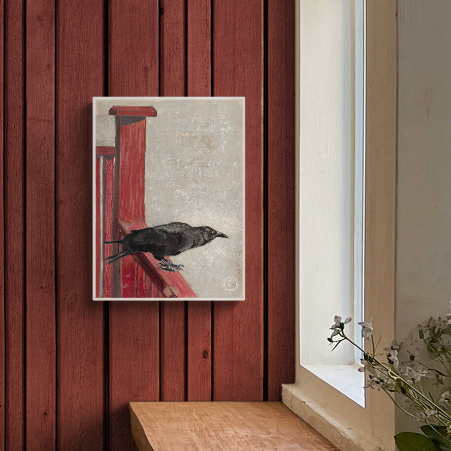 Wheelgirlart Crow on Red Porch at Sunset HD ChromaLuxe® ALUMINUM PHYSICAL PRINT