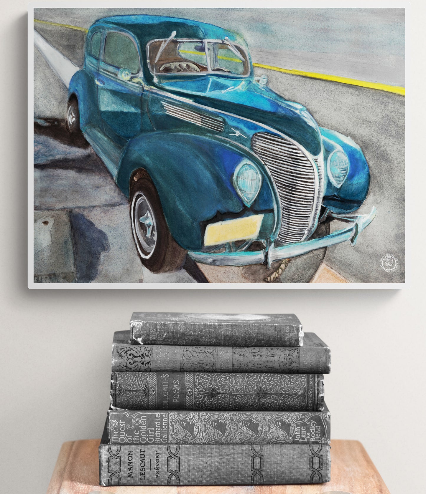 Wheelgirlart 1938 Ford Tudor Deluxe Blue Black HD ChromaLuxe® ALUMINUM PHYSICAL PRINT