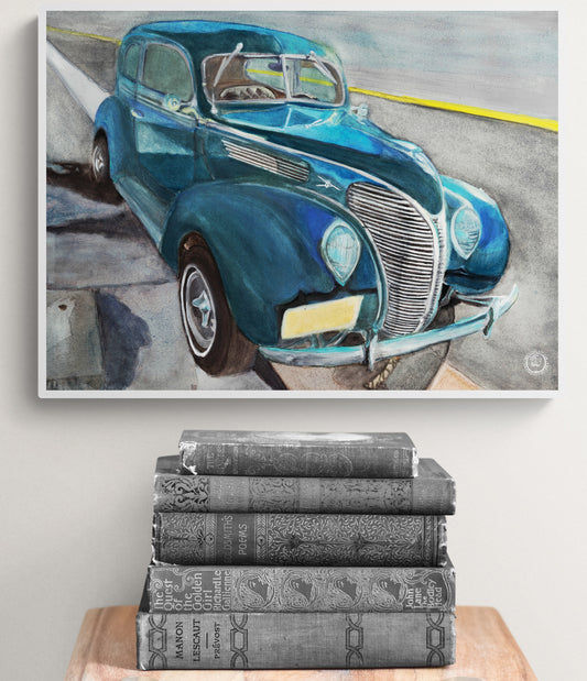 Wheelgirlart 1938 Ford Tudor Deluxe Blue Black HD ChromaLuxe® ALUMINUM PHYSICAL PRINT