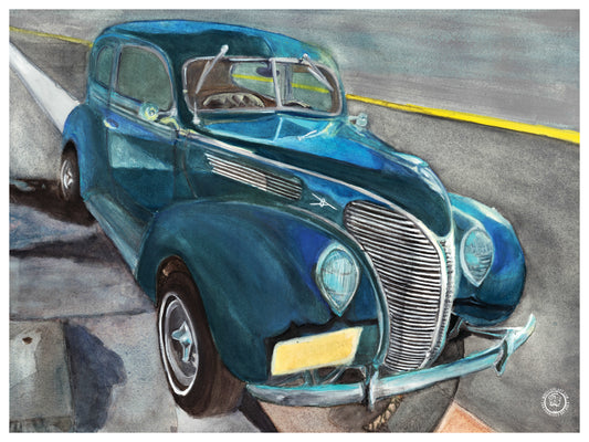 Wheelgirlart 1938 Ford Tudor Deluxe Blue Black HD ChromaLuxe® ALUMINUM PHYSICAL PRINT
