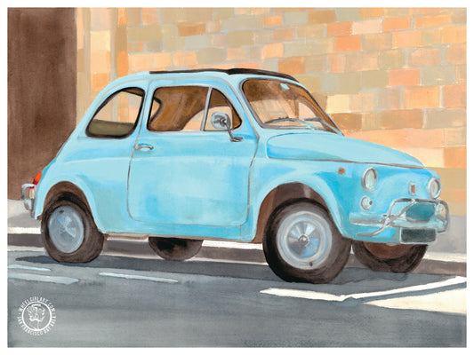 Wheelgirlart 1970 Fiat 500 Blue HD ChromaLuxe® ALUMINUM PHYSICAL PRINT