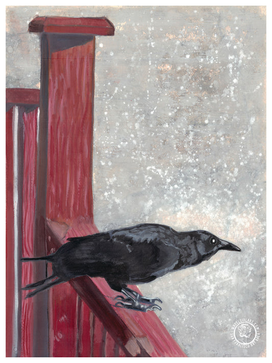 Wheelgirlart Crow on Red Porch at Sunset HD ChromaLuxe® ALUMINUM PHYSICAL PRINT