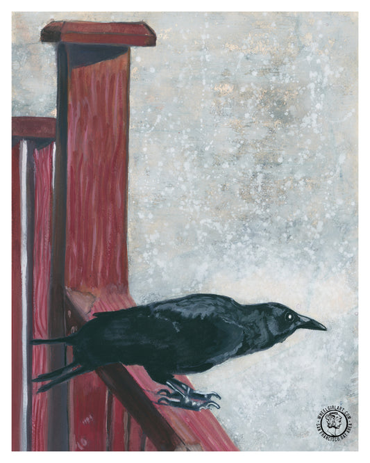 Wheelgirlart Crow on Red Porch at Sunset HD ChromaLuxe® ALUMINUM PHYSICAL PRINT