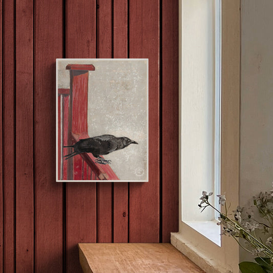 Wheelgirlart Crow on Red Porch at Sunset HD ChromaLuxe® ALUMINUM PHYSICAL PRINT